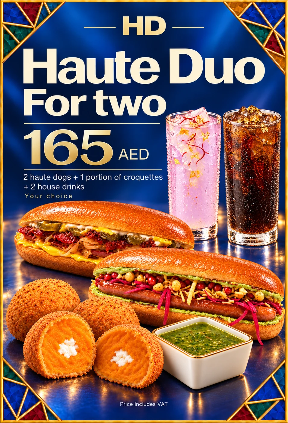 Haute Duo: 2 hot dogs, 1 croquettes portion, 2 signature drinks